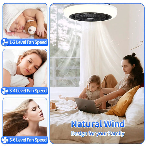 Low Profile Bladeless Ceiling Fan With Light 18 Inch Enclosed Flush Mount Quiet Pure Copper Motor Remote Control in bedroom