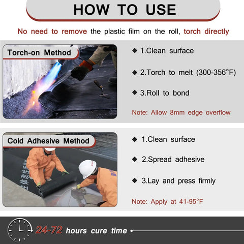 Instructions for Kickass Sbs Modified Bitumen Waterproofing Membrane Roll, showing torch-on and cold adhesive methods of application.