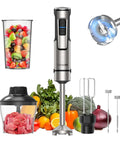 Handheld Immersion Blender With Robust 1100 Watt Motor And 21 Speed Settings Plus Turbo Mode, stainless steel shaft, and accessories.