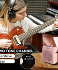 Woman playing guitar with Mini 3W Rechargeable Bluetooth Guitar Amp With Dual Channel Clean And Overdrive For Indoor Practice And Travel