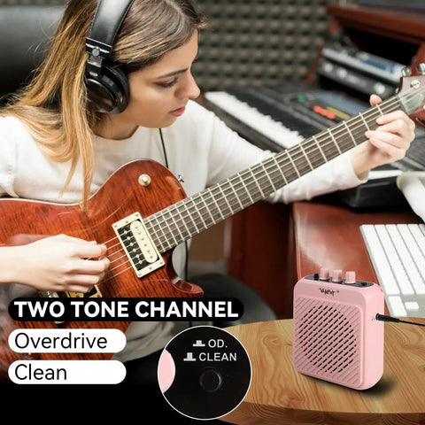 Woman playing guitar with Mini 3W Rechargeable Bluetooth Guitar Amp With Dual Channel Clean And Overdrive For Indoor Practice And Travel