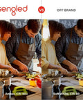 Comparison of Sengled bulb's amber light with high CRI vs off-brand soft white with lower CRI, in a kitchen setting