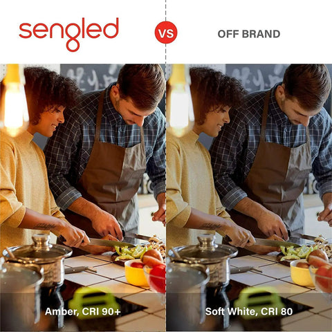 Comparison of Sengled bulb's amber light with high CRI vs off-brand soft white with lower CRI, in a kitchen setting