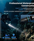 Diver using Powerful Dive Light 5000LM Rechargeable Waterproof Flashlight in underwater environment with depth gauge overlay