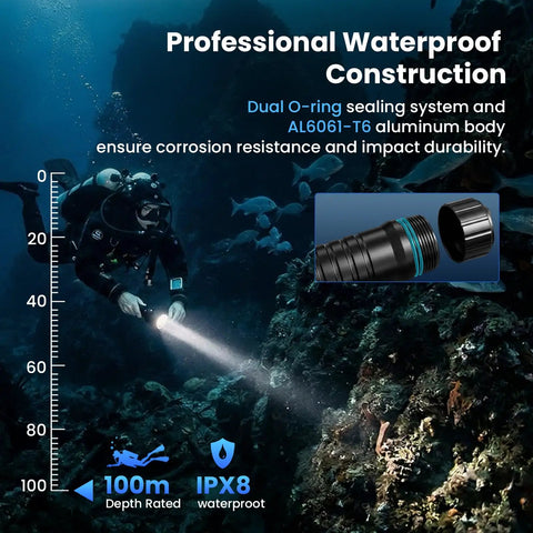 Diver using Powerful Dive Light 5000LM Rechargeable Waterproof Flashlight in underwater environment with depth gauge overlay