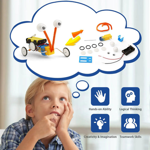 Child imagining building Four Pack Robot Kits For Kids Ages 8 And Up, STEM Crafts And Robotics Projects, Electronics Building Kit