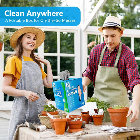 Two people gardening with 100 Pack Microfiber Cleaning Cloths Dispenser Box Lint Free Ultra Absorbent Reusable Rags