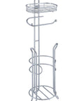 Free Standing Chrome Toilet Paper Holder With Reserve Shelf And Storage Basket, Heavyweight Floor Dispenser for home use.