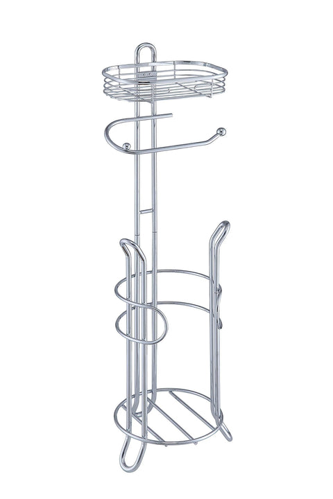 Free Standing Chrome Toilet Paper Holder With Reserve Shelf And Storage Basket, Heavyweight Floor Dispenser for home use.