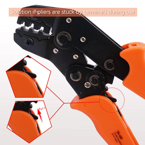 Heavy Duty Wire Crimping Pliers With Ratchet For Open Barrel Terminals, close-up of orange insulated grips and ratchet release
