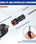 Three-Eighths To One-Fourth Inch Quick Release Impact Socket Adapter And Bit Holder For Ratchets Wrenches Drills And Drivers Built Tough From Durable CR-MO Steel, shown in an exploded view with labeled parts and installation instructions.