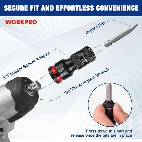 Three-Eighths To One-Fourth Inch Quick Release Impact Socket Adapter And Bit Holder For Ratchets Wrenches Drills And Drivers Built Tough From Durable CR-MO Steel, shown in an exploded view with labeled parts and installation instructions.