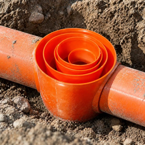 Heavy Duty Steel Electrical Conduit Pipe Connector Locking Coupler For Outdoor Junction Boxes Weather Sealed Power Runs Rock Solid build with orange pipe in dirt.