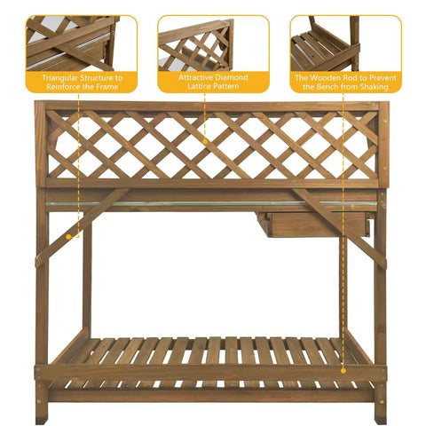 Garden Potting Bench With Metal Tabletop And Drawer Outdoor Potting Table Workstation With Storage Shelf Fir Wood Lattice Back