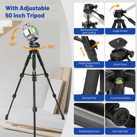 Self Leveling 360 Green Laser Level Kit with 50 Inch Tripod featuring angle adjustments and setup components in use