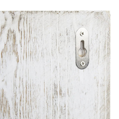 Close-up of whitewashed wood detail and mounting hardware on Two Tier Wall Mounted Floating Shelf In Whitewashed Solid Wood With Six Antique Brass Hooks For Towels And Accessories Rustic Shabby Chic Bathroom And Entryway Organizer Easy Install Wall Storage Rack.