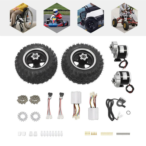 10 Inch 24V 250W Electric Scooter Conversion Kit with inflatable tire, brushless hub, and motor components displayed on white background