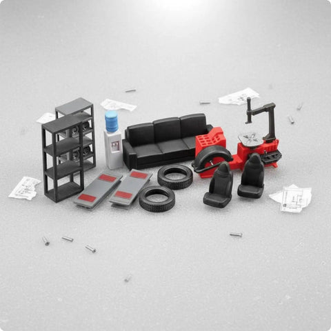Top Shelf Miniature Vehicle Repair Shop Scene Featuring Resin Seats And Tire Balancing Machine For Collectible Scale Dioramas And Knockout Model Garage Displays, 1:64 scale resin pieces including a sofa, tire machine, and shelves.