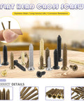 Heavy Duty Assorted Wood Screws Kit With Six Precision Sizes For Badass Diy Workshops Featuring Slick Self Topping Flat Head Fasteners And Solid Drywall Ready Hardware, showing various stainless steel flat head screws.