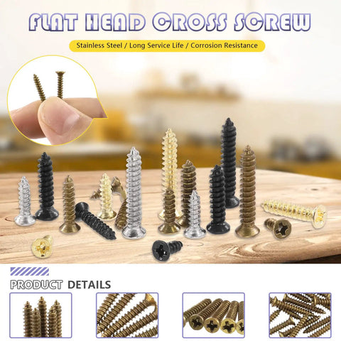 Heavy Duty Assorted Wood Screws Kit With Six Precision Sizes For Badass Diy Workshops Featuring Slick Self Topping Flat Head Fasteners And Solid Drywall Ready Hardware, showing various stainless steel flat head screws.