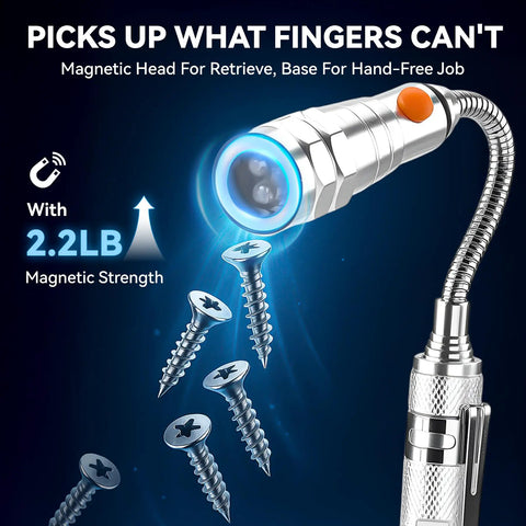 Extendable Magnetic Flashlight With Telescoping Magnet Pickup Tool showing screws attracted to magnetic head