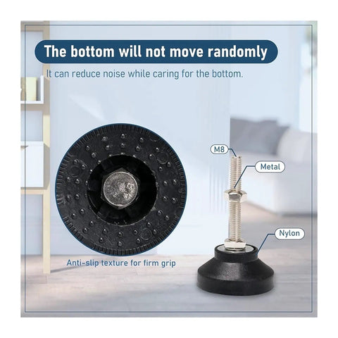 Heavy Duty Adjustable Leveling Feet For Furniture And Machinery Rust Proof Nylon Steel Glide Pads with M8 metal bolt and anti-slip grip.