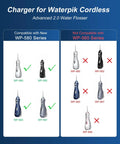 Chart showing compatible and non-compatible Water Flosser models for Charger For Water Flosser WP580 WP582 WP583 WP587 Magnetic 5 Foot Cord Replacement Dock Quick Plug In Secure Magnetic Connection Durable Design Compatible With Cordless Advanced 2.0 Water Flosser Travel Ready Everyday Use