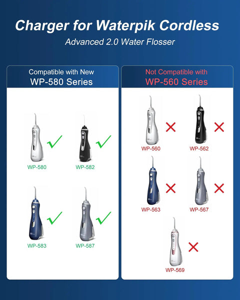 Chart showing compatible and non-compatible Water Flosser models for Charger For Water Flosser WP580 WP582 WP583 WP587 Magnetic 5 Foot Cord Replacement Dock Quick Plug In Secure Magnetic Connection Durable Design Compatible With Cordless Advanced 2.0 Water Flosser Travel Ready Everyday Use
