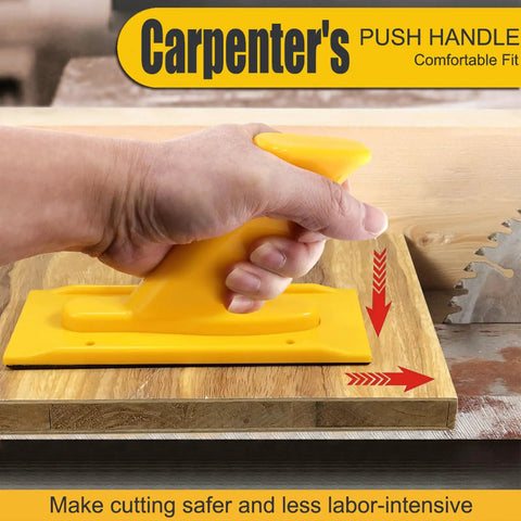 Hand using Two Pack Safety Push Blocks For Woodworking With Ergonomic Rounded And Angled Handles Pro Grade Grip on wood surface