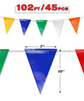 Colorful Pennant Banner Flags For Outdoor Parties And Events, Durable PVC Mesh Construction, OSHA 500 Lb Rated, Fade Resistant Strand, 102 Ft Long, Wide Triangular Flags For High Visibility, 7x10 in