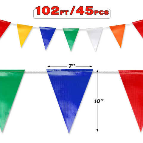 Colorful Pennant Banner Flags For Outdoor Parties And Events, Durable PVC Mesh Construction, OSHA 500 Lb Rated, Fade Resistant Strand, 102 Ft Long, Wide Triangular Flags For High Visibility, 7x10 in