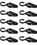 10 black rotatable plastic curtain clips with swivel hooks for drapery, shower curtains, and track rings displayed in rows.