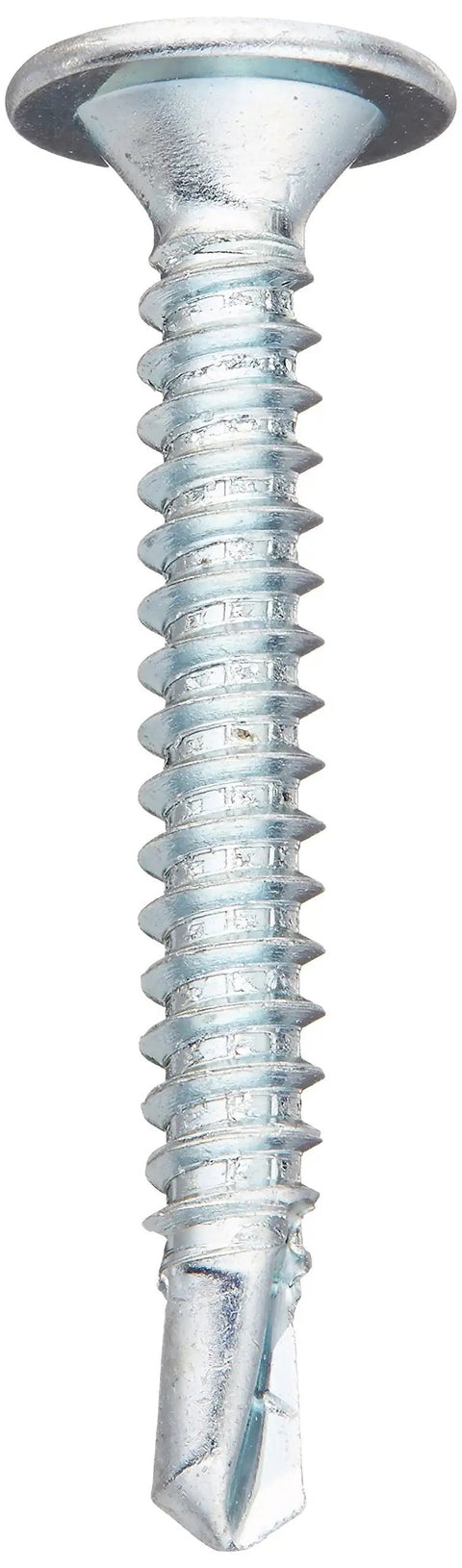 Badass Steel Self Drilling Screws With Zinc Coated Wafer Heads And Star Drive Fasteners For Metal Construction Heavy Duty Hardware 1 1 2 Inch Length Pack Of 50 Ready To Hustle close-up of zinc plated self drilling screw