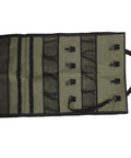 Hanging Travel Toiletry Bag For Camping And Travel, 600D Oxford with 8 hooks, mesh pockets, loops, and tissue strip visible