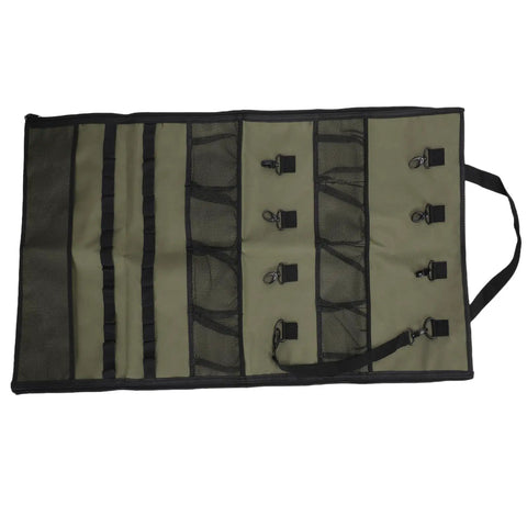 Hanging Travel Toiletry Bag For Camping And Travel, 600D Oxford with 8 hooks, mesh pockets, loops, and tissue strip visible