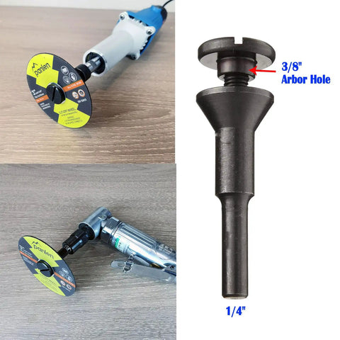 Three Inch Pro Grade Die Grinder Cutting Discs Ten Pack With Mounting Mandrel Kit shown with grinders, 1/4 and 3/8 inch arbor detail.