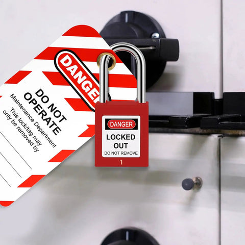 All In One Lockout Tagout Kit With Electrical LOTO Hasps Warning Tags Numbered Safety Padlocks Nylon Ties Zip Ties And Heavy Duty Storage Bag For Quick Safe Lockout Procedures On Any Job Site showing red padlock and warning tag on iron latch