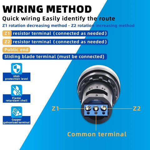 4 Pack 5K Rotary Potentiometers For Inverter Motor Speed Control And VFD Tuning, Smooth Adjustable Resistance Dial For Fast, Precise Speed Regulation In Industrial Machines wiring diagram with Z1, Z2, and common terminals