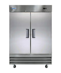 Heavy Duty Commercial Two Door Freezer With Forty Six Cubic Feet Of Space Frost Free Tech and brushed stainless steel shell front view.