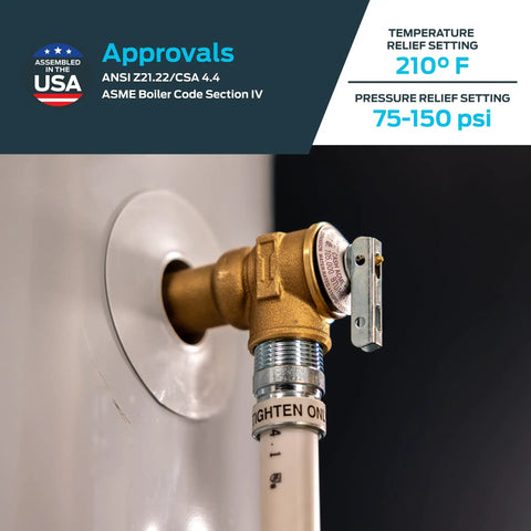 1 Inch Inlet Water Pressure And Temperature Relief Valve, High Flow Brass Plumbing Fitting For Commercial Use, FVX 5L, Push To Connect, Easy Install, Durable Brass Body. Installed on water heater, 150 psi