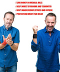 Man showing wrist pain relief with 2 Pack Adjustable Wrist Support Brace for carpal tunnel relief, arthritis, tendonitis.