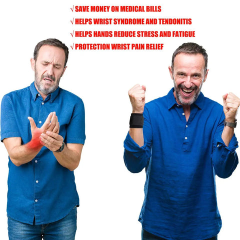 Man showing wrist pain relief with 2 Pack Adjustable Wrist Support Brace for carpal tunnel relief, arthritis, tendonitis.