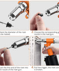 Step-by-step use of Pneumatic Rivet Gun With 500 Rivets And 5 Nosepieces showing nozzle attachment and operation