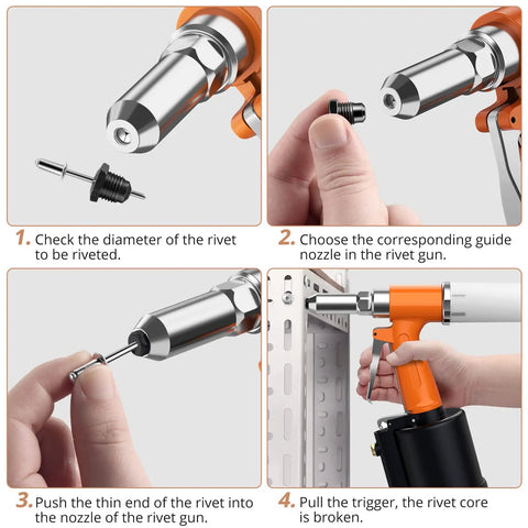Step-by-step use of Pneumatic Rivet Gun With 500 Rivets And 5 Nosepieces showing nozzle attachment and operation