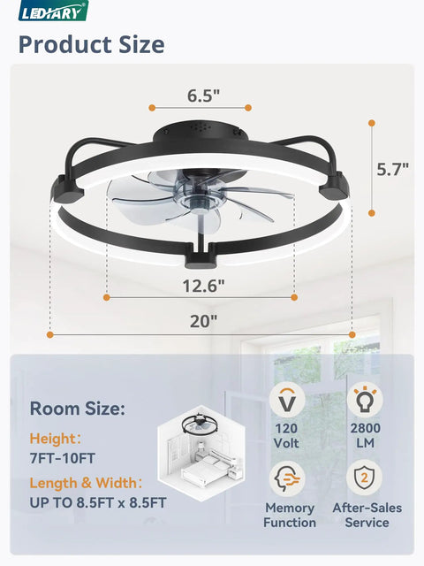 Ceiling Fan With Lights And Remote And App Control 20 Inch Low Profile Flush Mount Fandelier in black with LED light.