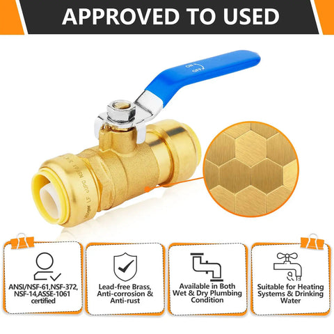 Two Pack Three Quarter Inch Push Fit Ball Valve Full Port Shut Off For Hot And Cold Water Includes Disconnect Clip, brass construction