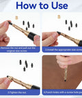 Adjustable Heavy Duty Leather Hole Punch Set With Sturdy Wooden Handle And Six Precision Brass Tips for use instructions.