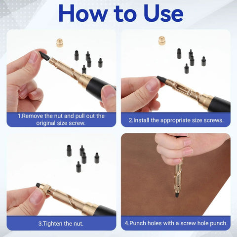Adjustable Heavy Duty Leather Hole Punch Set With Sturdy Wooden Handle And Six Precision Brass Tips for use instructions.