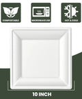 Square 10 Inch Compostable Plates, Heavy Duty Disposable Dinnerware, Sugarcane Biodegradable Party Plates For Hot Or Cold Meals, Microwave And Freezer Safe Catering Grade, 125 Pack, 10-inch square white plate