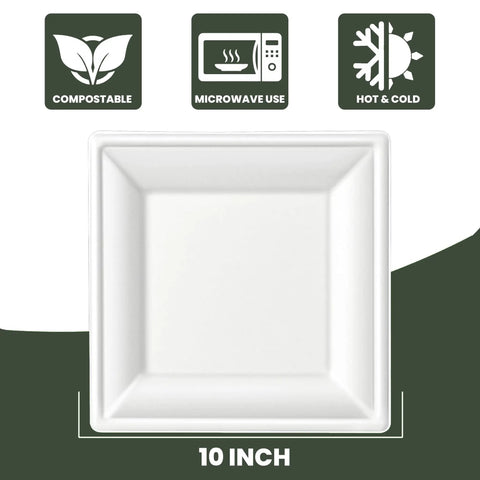 Square 10 Inch Compostable Plates, Heavy Duty Disposable Dinnerware, Sugarcane Biodegradable Party Plates For Hot Or Cold Meals, Microwave And Freezer Safe Catering Grade, 125 Pack, 10-inch square white plate
